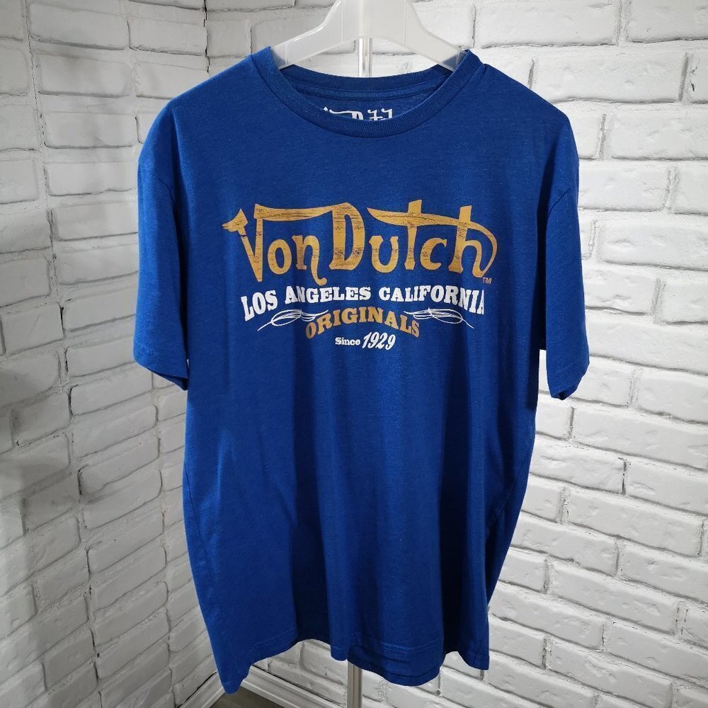 Von Dutch Men's Size Large Blue Straight Fit Short Sleeve T-shirt
